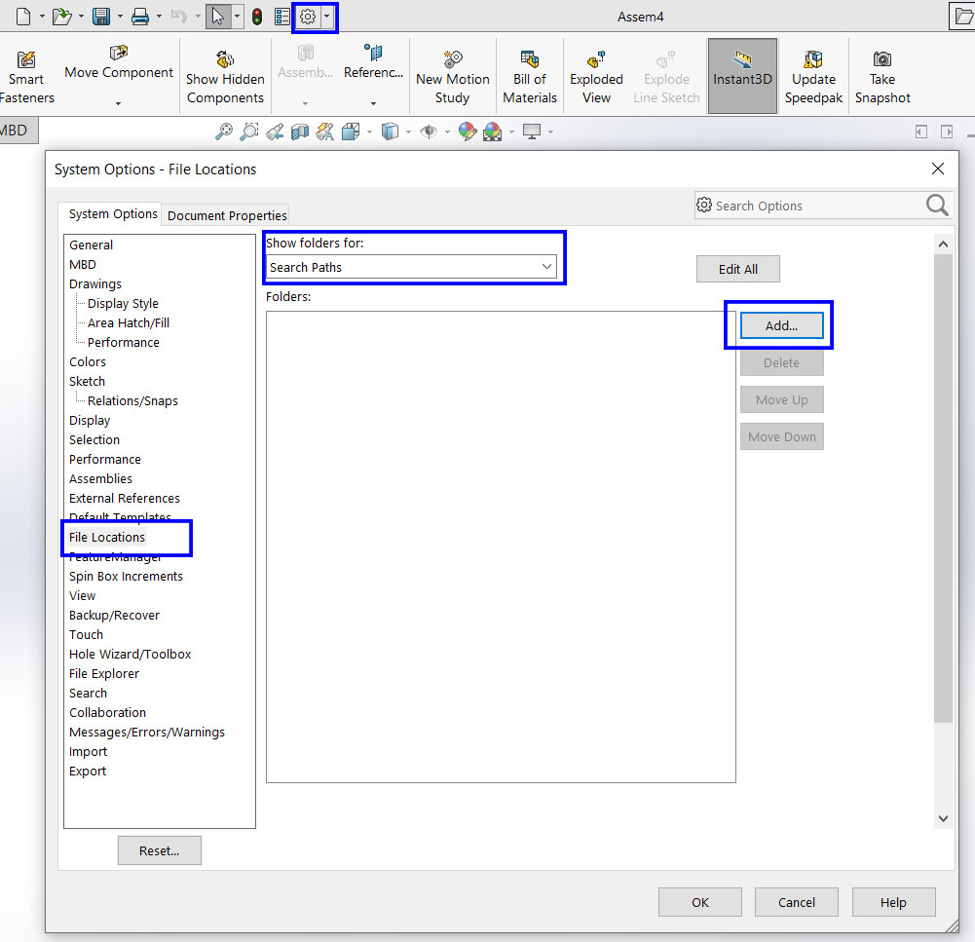 تعریف آدرس پیش فرض فایل‌ برای افزودن قطعه به محیط assembly نرم‌افزار solidworks 2020